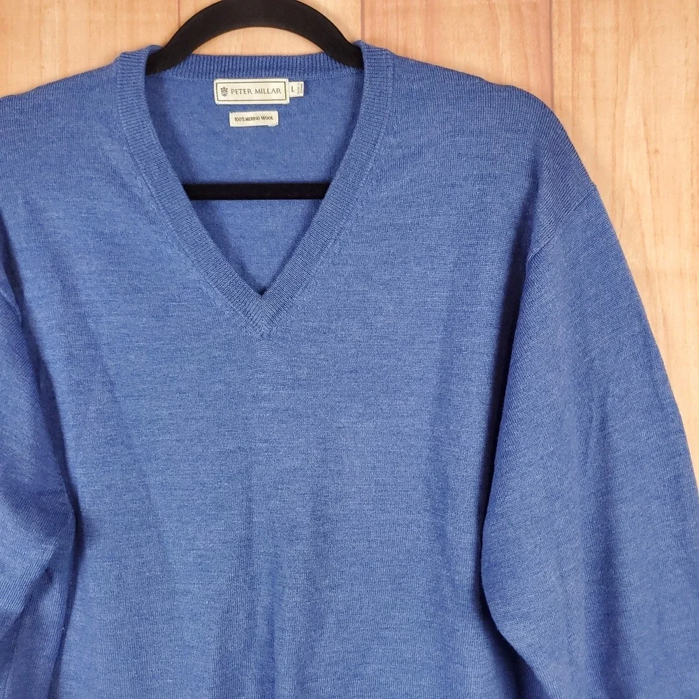 Peter‎ Millar Mens Sweater Large Blue 100% Merino Wool Long Sleeve Pullover
